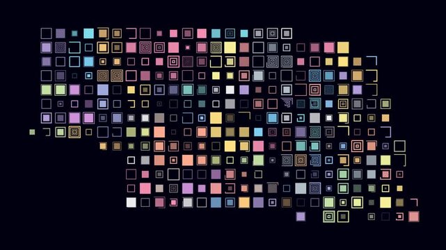 Nebraska animated shape. Pulsating colored dots on the map of the state. Large size square blocks. Digital style Nebraska map on dark background. Abstract animation video.
