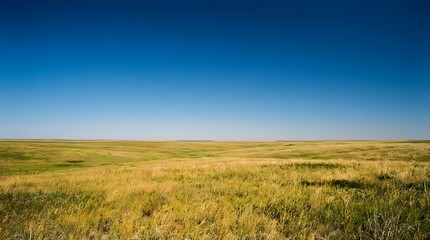 Fototapeta premium Expansive Golden Grass Field Under Bright Blue Sky In Rural Landscape