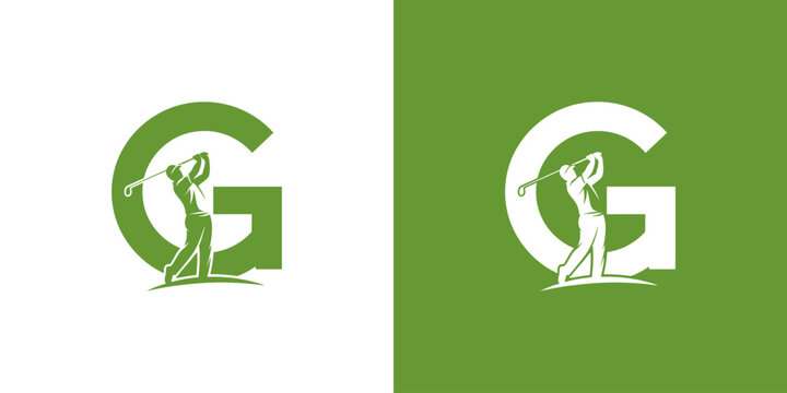 A green letter G logo with a silhouette of a golfer mid-swing, presented on both white and green backgrounds.