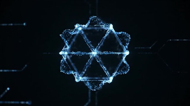 Abstract glowing geometric snowflake pattern with digital circuit board lines and particles on a dark background, representing technology and innovation