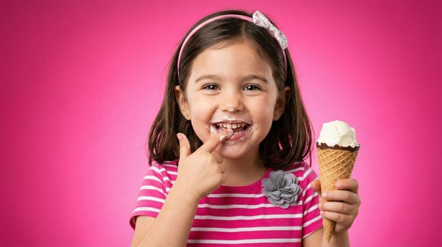 Cute little girl eating vanilla ice cream cone and messing her face against a pink background