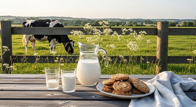 Farm fresh milk and cookies on a wooden table with a cow grazing in a green meadow