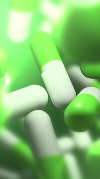 Cinematic 3D Animation of Green and White Capsule Pills - Vertical