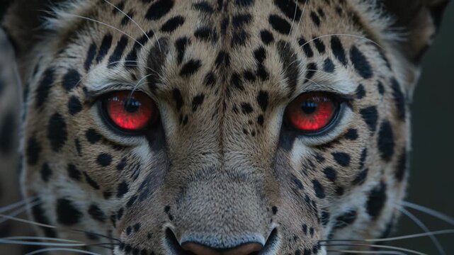 Close-up portrait of a leopard's face with red eyes staring intensely forward in darkness