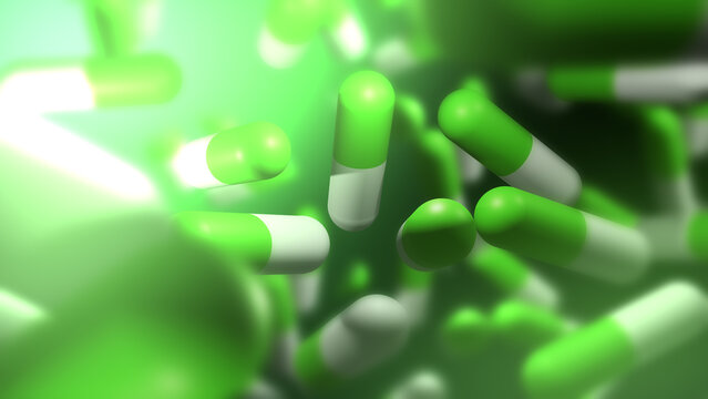 Cinematic 3D Animation of Green and White Capsule Pills