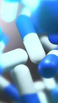 Cinematic 3D Animation of Blue and White Capsule Pills - Vertical