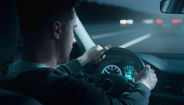 Man drives a car at night with lights illuminating the road. Suitable for automotive blogsarticles, nighttime driving safety tips, travel visuals.