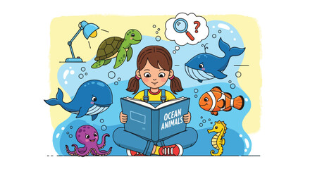 Fototapeta premium Cute cartoon girl reading a book about ocean animals, surrounded by illustrations of sea creatures and bubbles.