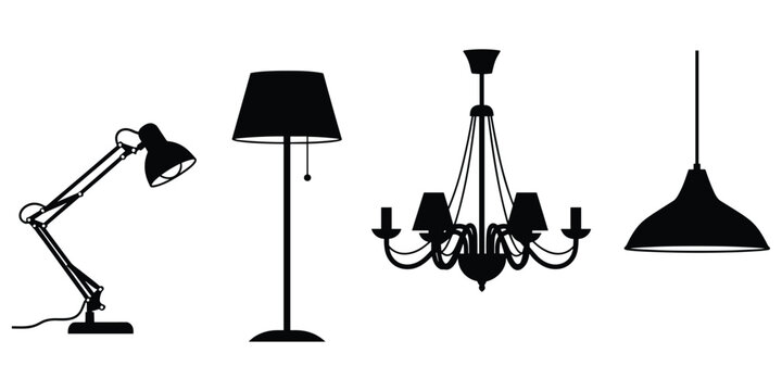 Lighting fixture silhouette illustration, desk lamp floor lamp chandelier pendant light, interior design decor concept, home lighting artwork, flat vector illustration