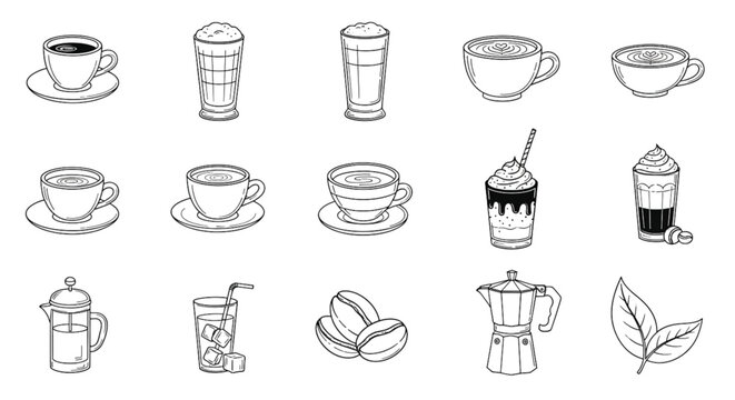 Coffee outline icons set cups latte cappuccino beans moka pot line art collection