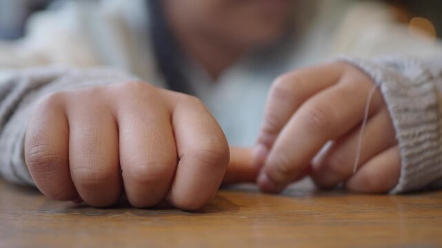 Close up of hands fidgeting and tapping fingers on wooden table surface during nervous wait