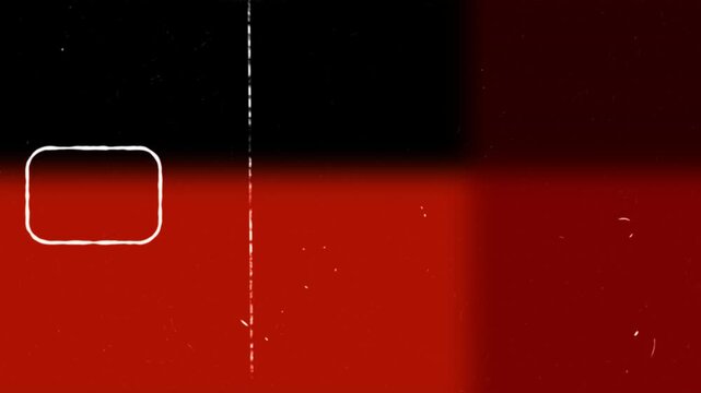 A vintage analog film leader effect loops continuously, displaying alternating letters within a rounded square frame amidst dynamic scratches, dusty particles, and striking red and yellow light leaks