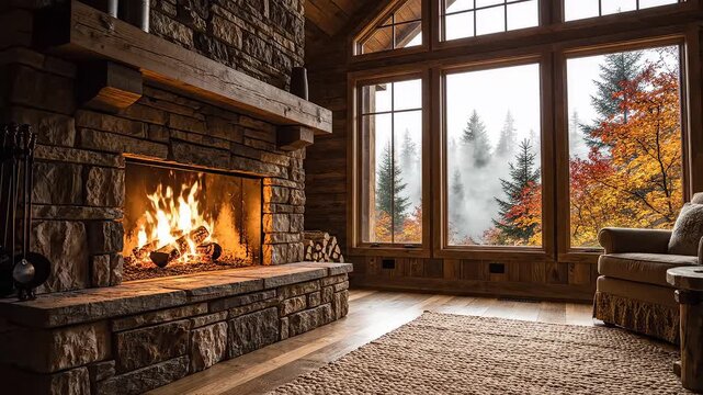 Cozy living room with fireplace and autumn view
