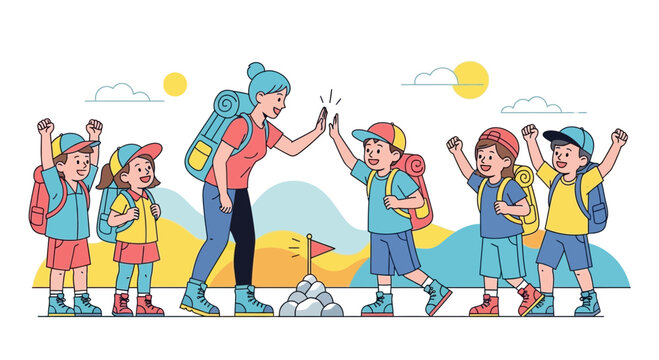 Joyful Children And Adult Hiking Adventure Celebration On Mountain Peak With Backpacks