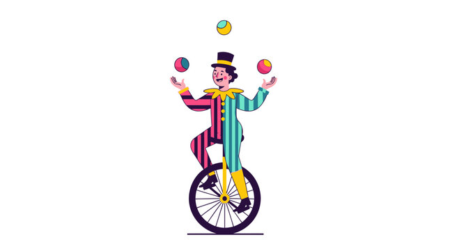 Joyful Clown Juggling Balls While Riding Unicycle Performance Art