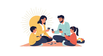 Fototapeta premium Joyful Family Playing Cards Outdoors Under Warm Sunlight