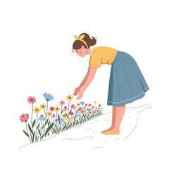 Obraz premium Joyful Gardener Tending Vibrant Wildflowers Along A Serene Path