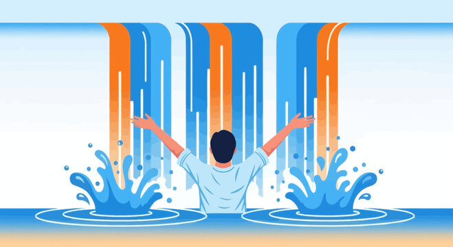 Joyful Person Embraces Cascading Waterfalls With Open Arms