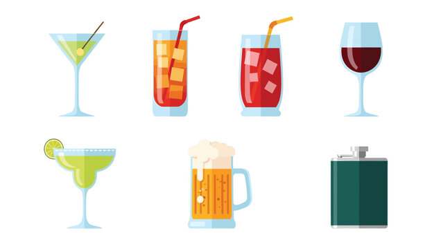 Colorful vector illustration set of alcoholic and non-alcoholic drinks: cocktails, beer, wine, and a hip flask