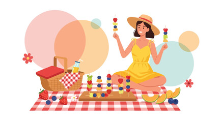 Obraz premium Joyful Woman Enjoys Healthy Picnic With Fresh Fruit Skewers