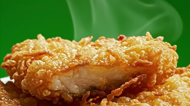 Crispy Golden Battered Haddock Fillets Steaming Hot With A Flaky White Interior Macro Shot Against A Vibrant Green Background Ready For A Food Commercial