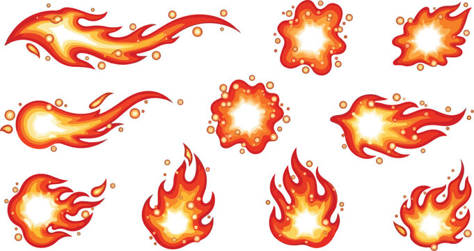 Fiery explosions and effects, collection of bright orange and yellow flames and fireballs, vector graphics