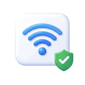 3D WiFi icon with secure shield checkmark for verified wireless connection