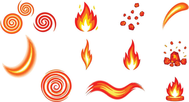 Collection of colorful fiery flame elements and swirling vortex designs in a vector graphics format