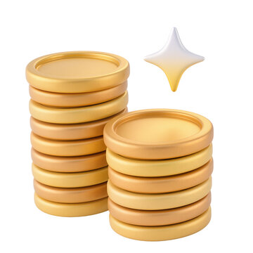 Stacks of golden coins isolated on transparent background shining brightly