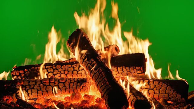Burning logs with green background