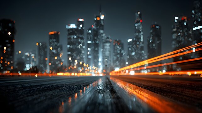 A city street at night with tall buildings and traffic lights