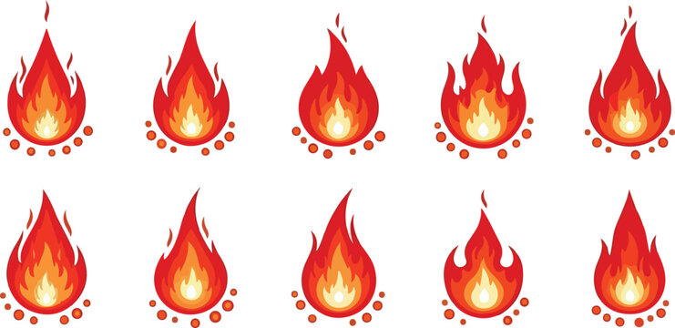 A collection of ten fiery flames with glowing embers, representing heat and energy