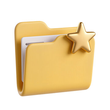A yellow folder with a paper inside and a gold star icon isolated on transparent background