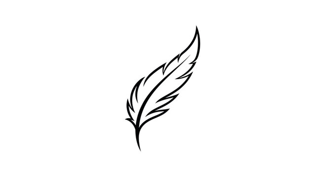 Minimalist black feather drawing on white background, hand-drawn illustration, simple elegant design