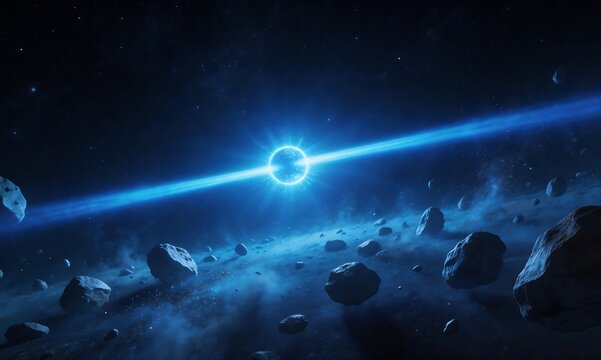 Cosmic Gamma Ray Burst Emitting Intense Blue Light Beams Over an Asteroid Field in Deep Outer Space