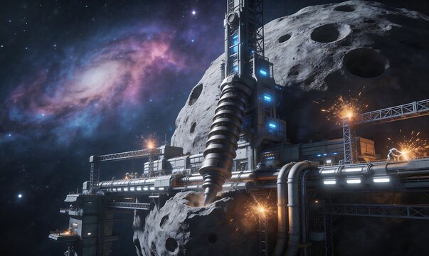Futuristic Space Mining Base on a Lunar Surface with a Vibrant Spiral Galaxy in the Background of Deep Outer Space