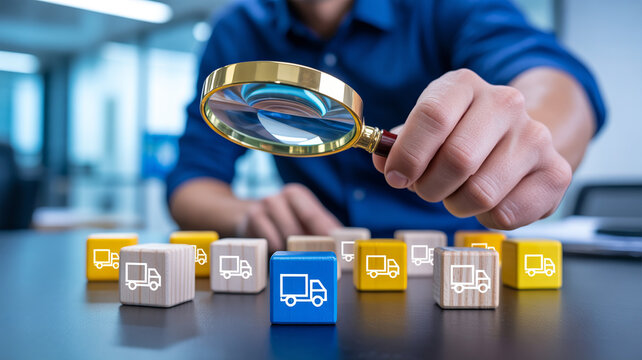 Focused individual uses magnifying glass to analyze logistics delivery truck icons on colorful wooden blocks in a modern office environment