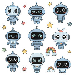 Kawaii Blue Robot Character Set with Various Cute Facial Expressions