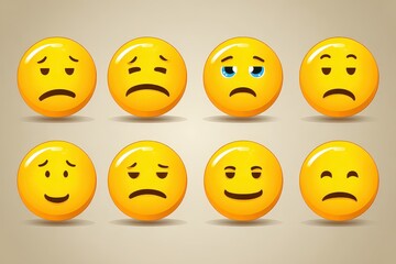 Obraz premium Collection of eight yellow smiley face emoticons displaying various emotions including sadness happiness and neutral expressions with pixelated art style on a textured light brown background