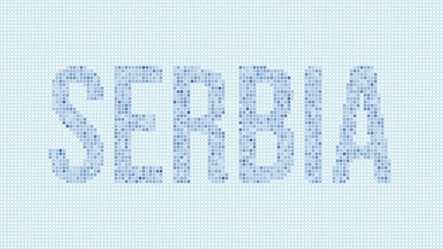 Serbia dotted map animation. Digital style shape of the country. Serbia shape and title dots appear with bulb flickering effect. Intro, outro, logo, title video.