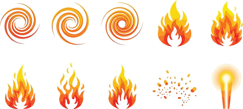 Set of fire and swirl icons, abstract orange and red graphics symbolizing energy and movement