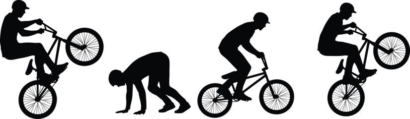 Fototapeta premium BMX cyclist silhouette set with freestyle tricks, wheelies and riding poses, isolated on white background, perfect for extreme sports design, urban cycling concepts and action scenes