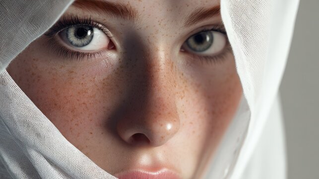 Intimate close-up portrait of a young woman with freckles and captivating gaze