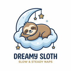 Fototapeta premium The image showcases a peaceful sloth sleeping on a fluffy cloud, surrounded by stars and a crescent moon, evoking a sense of calm and tranquility.