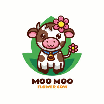 This image features an adorable cartoon cow named Moo Moo, adorned with a flower in its ear, exuding charm and playfulness while standing on a green leaf.