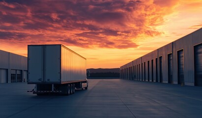 Obraz premium Semitrailer truck parked in front of a modern logistics warehouse building with many loading docks at dramatic orange sunset. Fulfilling distribution