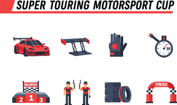 Super Touring Motorsport Cup Collection Racing Cars, Pit Stop Gear, and Victory Symbols