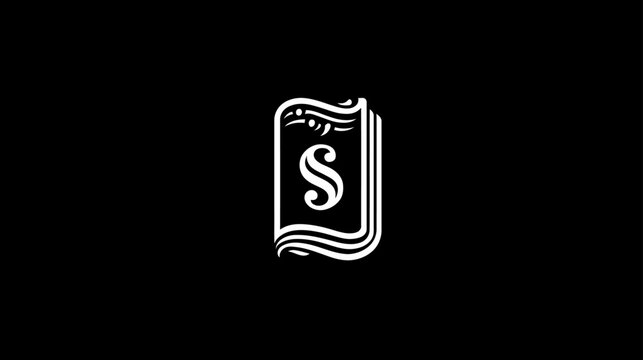 Elegant White Letter S Monogram in Decorative Scroll Book Icon on Black Background, Vintage Style Design Element