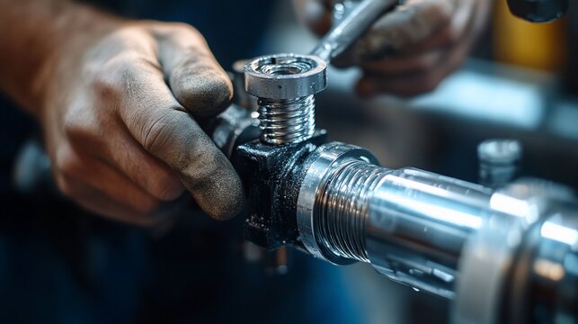 Mechanic repairing industrial pipe fitting in factory