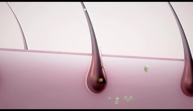 Detailed 3d animation 3d video technology cosmetic essence skincare haircare 3D cosmetic procedure close-up macro view of hair follicle for cosmetic application and science research